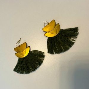 Anthropologie Dark Green and Gold Feather Earrings